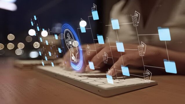 Ai Futuristic holographic interface of a file manager, folder structure with documents and data scanning, digital document storage software, cloud database, search and manage documents, paperless 