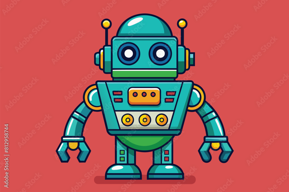 Sticker a blue robot stands upright on a vibrant red backdrop, robotics customizable cartoon illustration