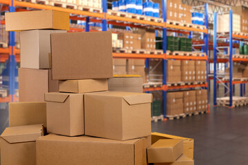 Warehouse with boxes. Logistics center. Storage area of industrial enterprise. Stack of boxes....