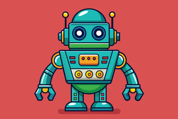 Fototapeta premium A blue robot stands upright on a vibrant red backdrop, Robotics Customizable Cartoon Illustration