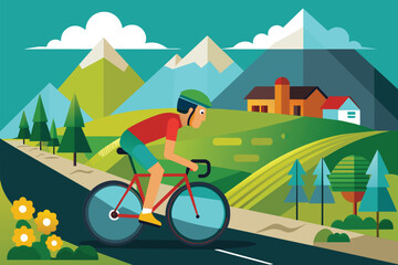 A man is riding a bike down a rural road in this customizable semi flat illustration, Road cycling Customizable Semi Flat Illustration