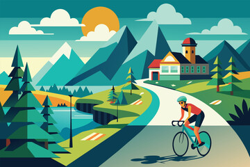 Fototapeta premium A man riding a bike down a road beside a forest, Road cycling Customizable Semi Flat Illustration