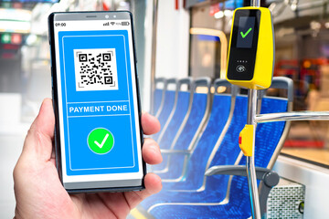 Bus fare payment technologies. QR code for pay in public transport. Hand with phone on bus. NFC...