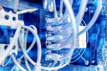 Network equipment wires are connected to switches. Electrical equipment close-up. Internet...