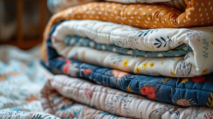 Stack of Cozy Children's Quilts and Blankets with Playful Patterns and Textures for Warmth and...