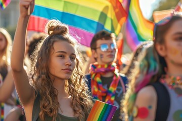 Fototapeta premium young woman with long curly hair is holding a rainbow flag at a pride parade. She is looking at the camera with a serious expression.