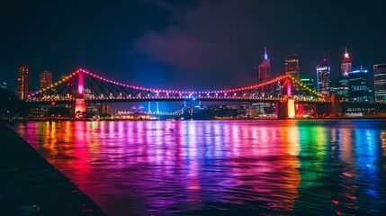 Obraz premium City bridge reflecting colorful lights on the water at night