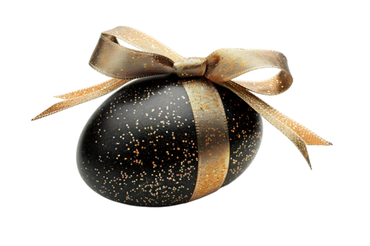 Black egg with a gold ribbon on transparent background