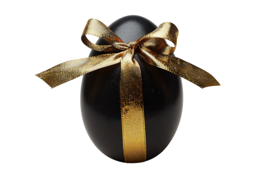 Black egg with a gold ribbon on transparent background