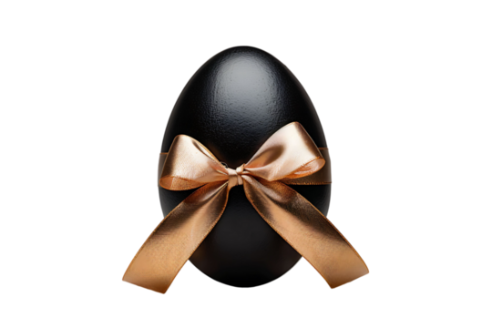 Black egg with a gold ribbon on transparent background