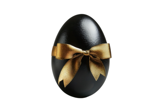 Black egg with a gold ribbon on transparent background