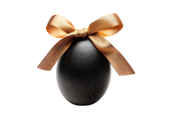 Black egg with a gold ribbon on transparent background
