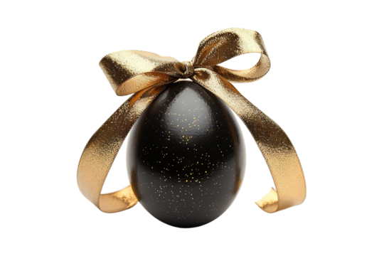 Black egg with a gold ribbon on transparent background