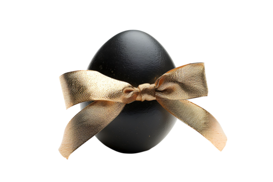 Black egg with a gold ribbon on transparent background