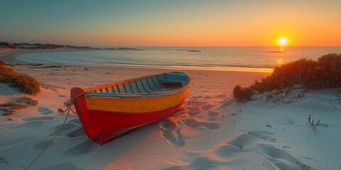 Fishing Boat Resting on Sand at Sunset
