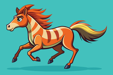 A cartoon horse is running at full speed across a vibrant blue background, Running horse Customizable Cartoon Illustration