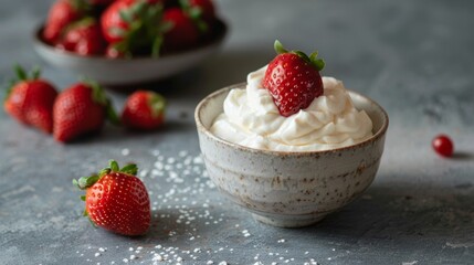 A yogurt bowl filled with whipped cream, and next to it a salad bowl is beautifully filled with fresh and red strawberries.
