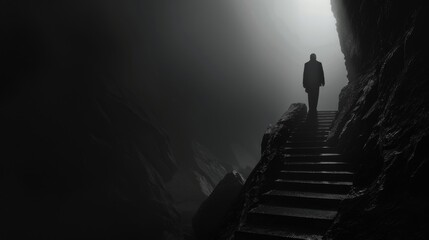 A man is walking down a dark tunnel