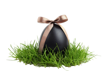 Black egg with a gold ribbon on grass transparent background