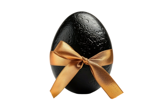 Black egg with a gold ribbon on transparent background