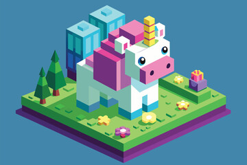 Sad unicorn created with on a bright blue background, Sad unicorn Customizable Isometric Illustration