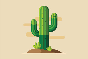 A green saguaro cactus stands tall in a dirt field under the sun, Saguaro cactus Customizable Disproportionate Illustration