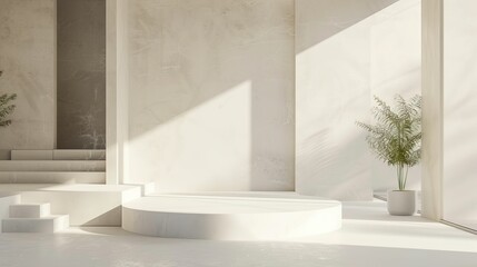 A contemporary white podium placed in a bright, open room with soft ambient lighting