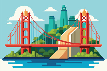 Fototapeta premium A bridge extends over a body of water towards a city skyline in the background, San francisco bridge Customizable Flat Illustration