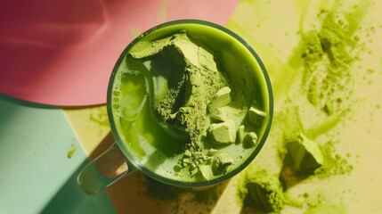 A top view of matcha powder inside a bright green cup, set against a multicolored backdrop with shades of pink and yellow. Matcha Powder in Green Cup on Colorful Background

