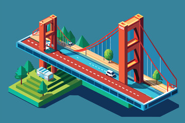 A car drives over the San Francisco bridge in an isometric illustration, San francisco bridge Customizable Isometric Illustration