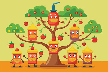 Fototapeta premium Cartoon tree with apples and jars hanging from its branches in a customizable illustration, Sauce tree Customizable Cartoon Illustration