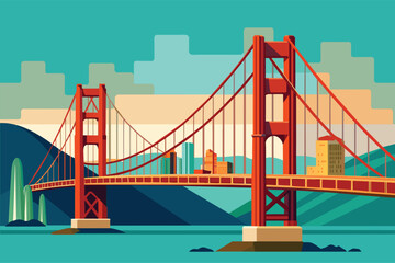 The iconic Golden Gate Bridge spanning the San Francisco Bay under clear skies, San francisco bridge Customizable Semi Flat Illustration