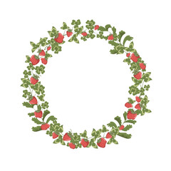 Strawberry circle frame. Wreath with strawberries and cloverleaf. Summer hand drawn illustration. Vector print design with a text place. White background.