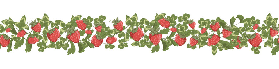 Strawberry seamless border. Vector masking tapes with red berries and cloverleaf molding. Hand drawn cartoon illustration for print design. White background.