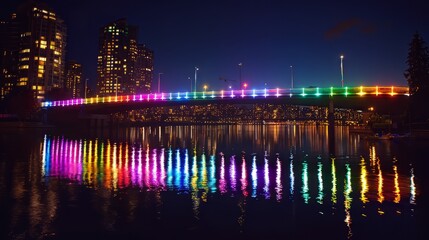 Rainbow bridge over a river at night.