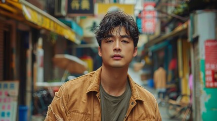 Fototapeta premium Man in Tan Jacket Standing in Alleyway