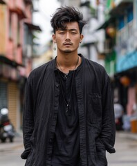 Fototapeta premium Young Taiwanese Man in Black Shirt Standing on Street