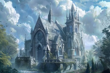 Naklejka premium Digital artwork of a gothicstyle church surrounded by fog and a magical forest under a dynamic sky