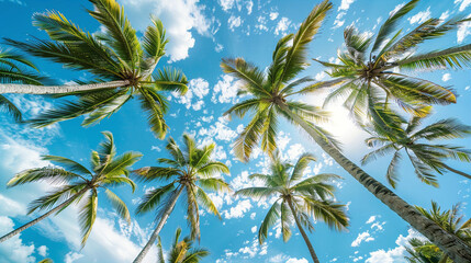Obraz premium Blue sky and green palm trees from below