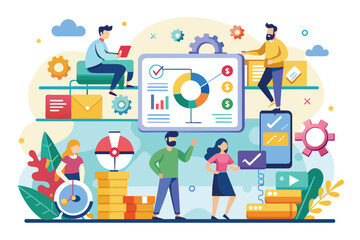 A diverse group of individuals standing together around a large screen, engaged in a discussion or presentation, Scrum method Customizable Flat Illustration