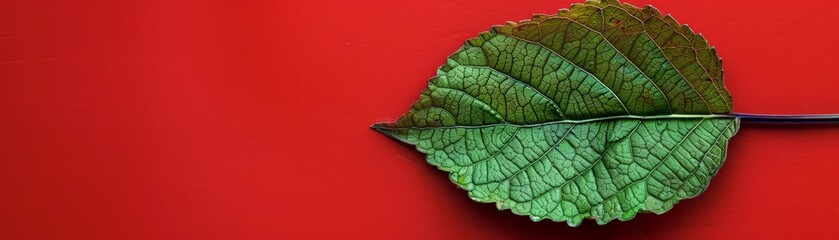 Fototapeta premium A close-up photo of a single, vibrant green leaf with intricate veins on a minimalist red background