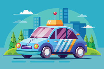 A blue car with a yellow suitcase mounted on its roof, Self driving car Customizable Cartoon Illustration