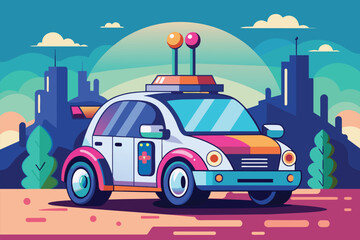 A cartoon car drives through a city with skyscrapers and traffic in the background, Self driving car Customizable Disproportionate Illustration