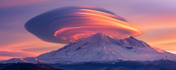 A close-up photo of a vibrant lenticular cloud hovering majestically over a snow-capped mountain peak at sunrise
