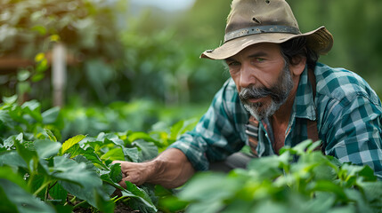 Close-up image of a focused mature farmer with a hat, examining young plants in his lush, green garden, symbolizing dedication to organic farming