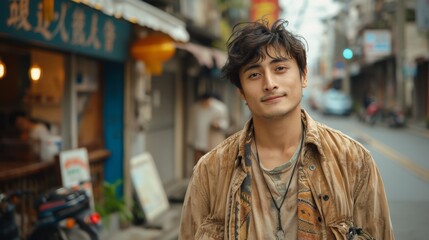 Fototapeta premium Young Man in Brown Jacket Standing on Street