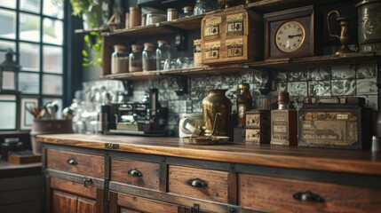 A kitchen with a wooden counter and a clock on the wall