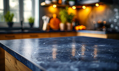 Selective focus of dark blue marble countertop on wooden  