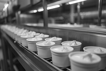 Active cultures fermenting in yogurt at a dairy, side view, Live  active, futuristic tone, black and white