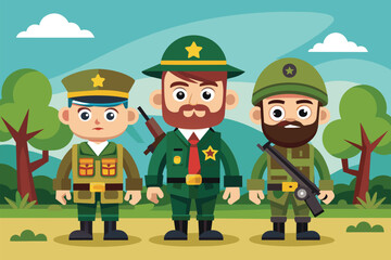 A group of soldiers standing next to each other in uniform, Soldiers Customizable Cartoon Illustration